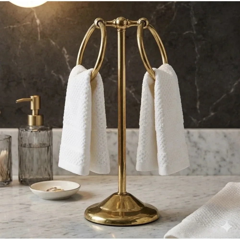 Vintage MCM Gold / Brass Double Hand Towel Ring Holder Stand Bathroom  GW993